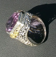 Antique Art Deco Large Hexagon Amethyst Cocktail Ring 14k White Gold Yellow