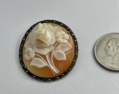 Vintage Carved Shell Rose Cameo Pin Brooch Pendant High Relief 800 Silver Frame