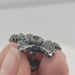 Jeweled Clear And Green Rhinestone On Gun Metal Grey Flower Hat Pin Brooch