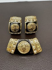 Vintage LR Lady Remington GoldTone Black Enamel Rhinestone Earrings Pendant Set