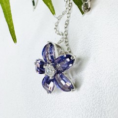 Vintage Y2K 925 Sterling Silver Amethyst Clear Crystal Flower Pendant Necklace