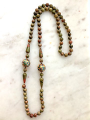 Vintage Beaded Necklace Chinese Champleve Cloisonne Jasper Opera Length 30″