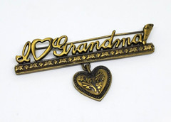 Jonette J.J. “I Love Grandma!” Antiqued Brass Bar Heart Charm Dangle Pin Brooch