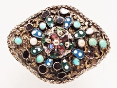 Antique 1890’s Austro Hungarian Almandine Garnet, Enamel, Turquoise Pearl Brooch