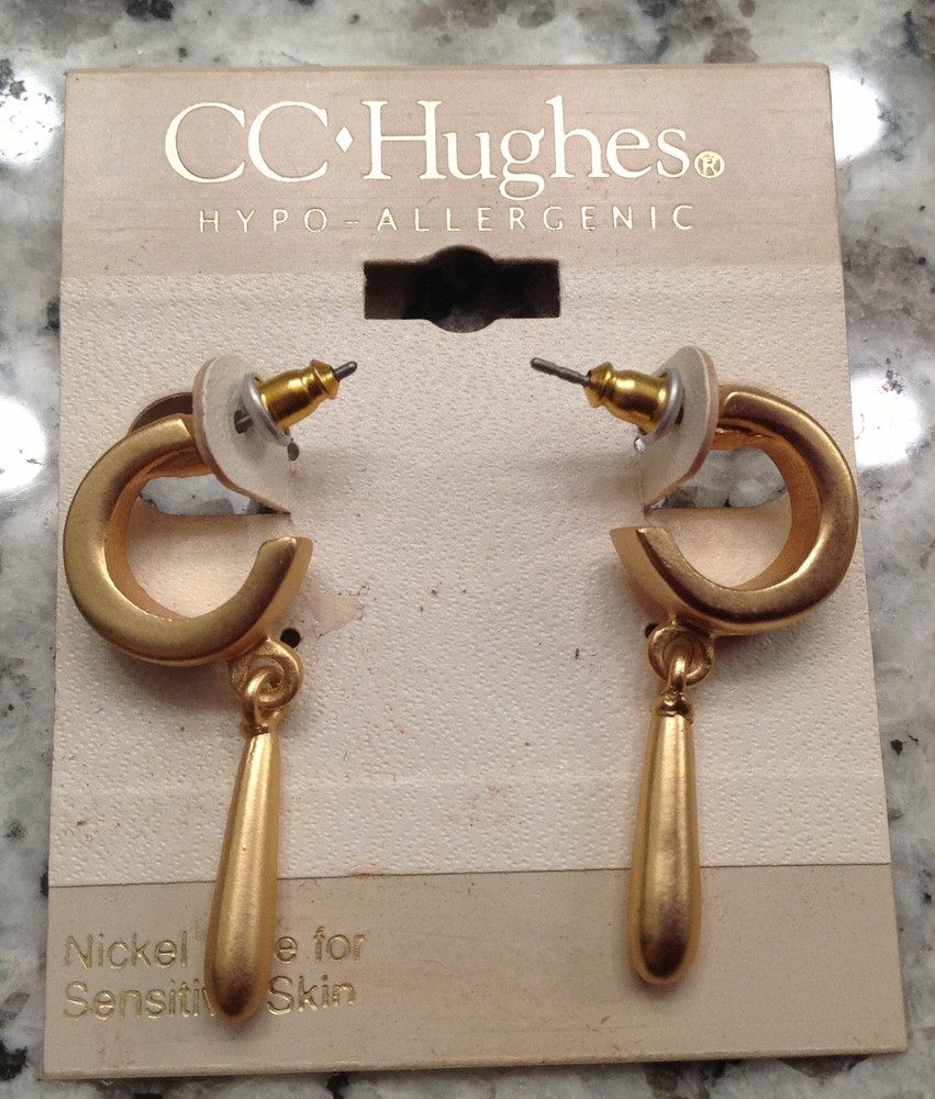 NIP, C.C. Hughes earrings, push on, brushed gold tone, nickel free