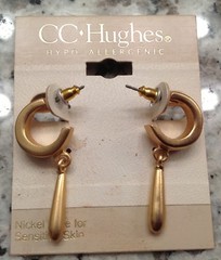 NIP, C.C. Hughes earrings, push on, brushed gold tone, nickel free