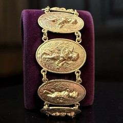 Cherub Panel Link Bracelet Victorian Revival Gold Tone Putti Figural 7 Inch