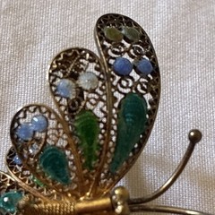Antique 800 Silver German Ornate Filigree Multi Color Green Enamel Butterfly Pin