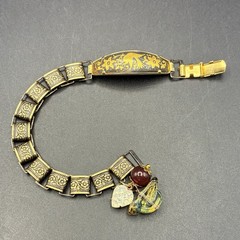 Vintage Damascene, Faux Opal Charms & Book Chain Links Bracelet Integrated w New