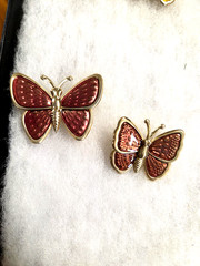 Vtg gold tone burgandy epoxy Butterfly Pin Combo