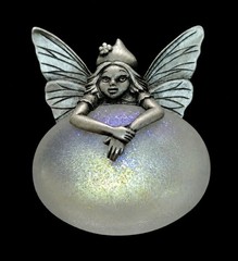VTG JJ JONETTE Pewter Pin Brooch Winged Fairy Purple Sparkles Crystal Ball 1.75″