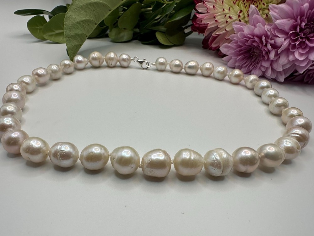 20” White Big Edison Pearl Necklace, 925 Sterling Silver