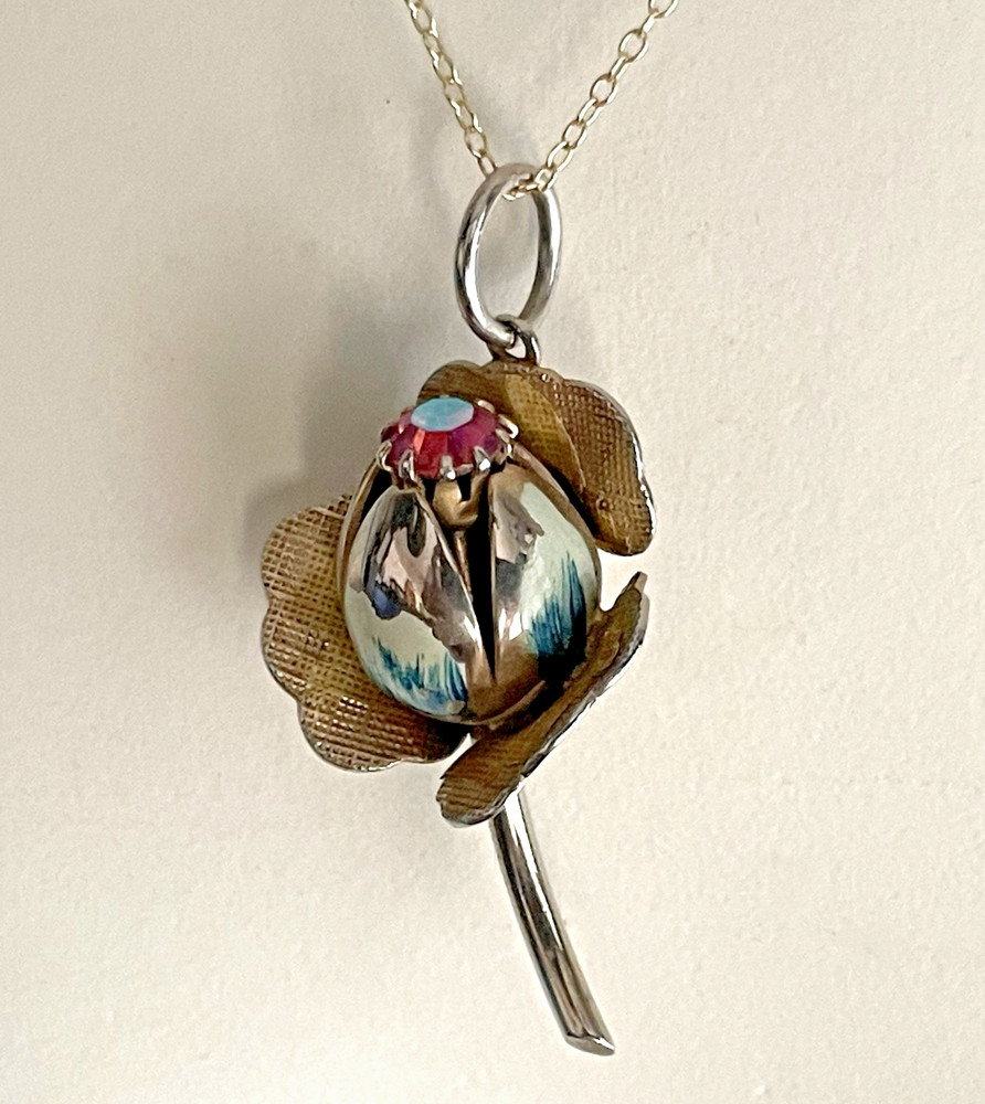 Vintage Metal Enameled Floral Pendant with Rhinestone and 925 Cable Chain.