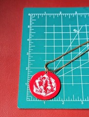 RED Enamel WHITE Heart Swirl Copper Vintage Pendant 24″ Gold Tone Necklace