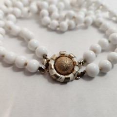 VTG Marvella Knotted Milk Glass Beaded Necklace Multi Strand Gold Sunburst Clasp