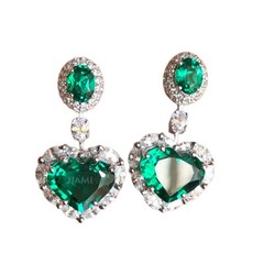 Heart Oval Simulated Emerald Simulated Diamond Halo Dangle Earrings 925 Silver