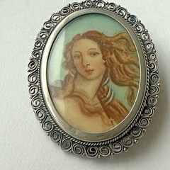 Antique 800 Silver Hand Brooch Pendant Filigree Botticelli Birth of Venus Oval