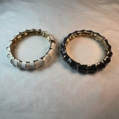 Vintage Black White Enamel Faux Bamboo Hinge Bangle Bracelet Set Gold Tone Pair
