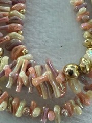 Vintage 27″ Pink AB Shell Chip 3 Strand Statement Necklace Gold Tone Boho