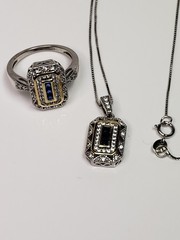 Art Deco Style Sterling 925 Blue Sapphire Lab Diamond Pendant Ring Set Size 7.75