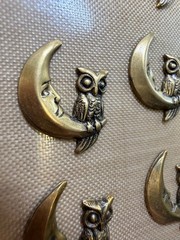 10 Vintage Raw Brass Owl on Crescent Moon Stampings 18mm Celestial NOS Findings
