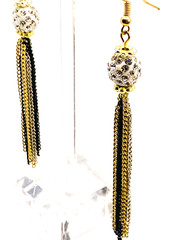 Vintage 1990s 2000s Disco Ball CZ Sparkle Black Gold Chain Tassel NYE Earrings