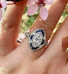 Antique Art Deco Sapphire & Lab Created Diamond Engagement 14KWhite Gold FN Ring
