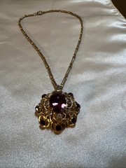 Vtg Mid Century Germany Amethyst Purple Crystal Rhinestone Pendant Necklace