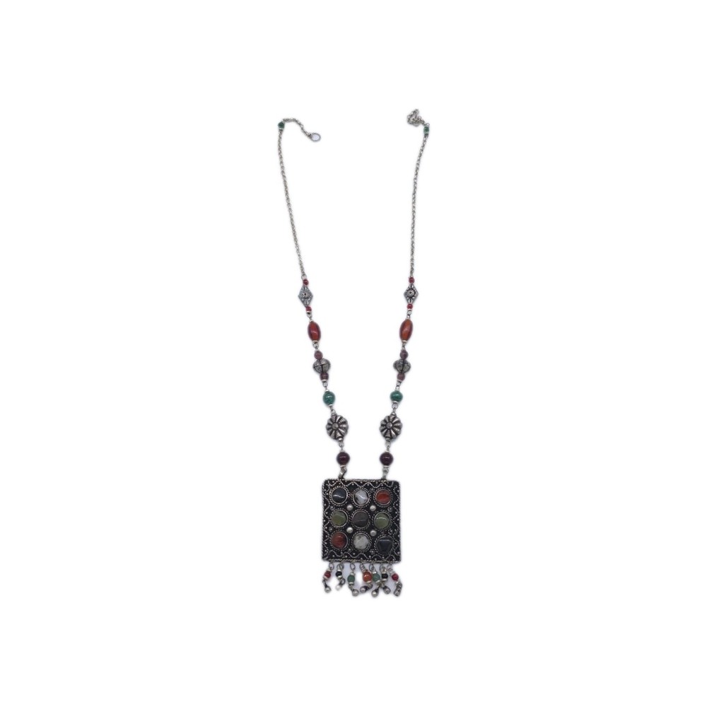 Vintage Tribal 9-Stone Pendant Necklace Boho Ethnic