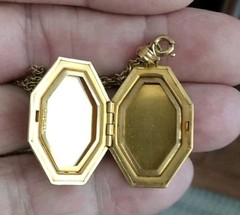 Antique 12 k gold filled Cameo Hexagon Shaped Double Picture Locket & Chain