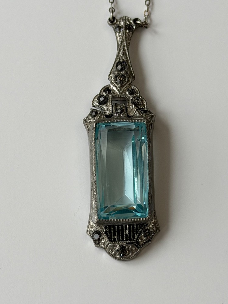 Antique Art Deco Approx. 11Ct 22x11mm Aquamarine Colored 835 Silver Pendant