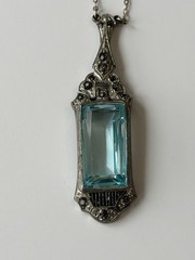 Antique Art Deco Approx. 11Ct 22x11mm Aquamarine Colored 835 Silver Pendant