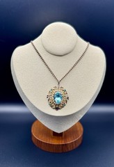VTG 1940s Scrollwork Brooch Aqua Blue Glass Faux Pearl With Gold Tone