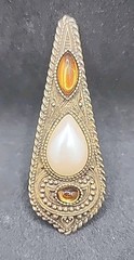 Vintage Gold Tone Cabochon Faux Pearl Rhinestone Brooch Pin 3 1/8″