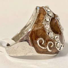 Vintage Brown Enamel Swirl Crystal Cocktail Ring Art Deco Silver Plated Size 8