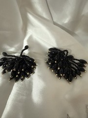 Black & Gold Beaded Cluster Fan Clip-On Earrings, Marquise Shape, Women