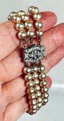 Vintage Triple Strand Faux Pearl Bracelet With Fancy Rhinestone Clasp 6.5”