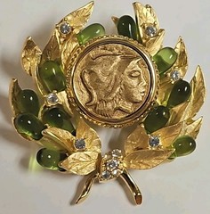 Vtg JBK CAMROSE & KROSS Jaqueline Kennedy Signed JBK USA Greek Coin Brooch