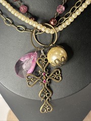 Vintage Y2K Bronze Layered Faux Pearl Pink Crystal Cross Charm Necklace Boho 36″