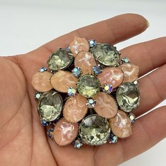 Vintage Pink Brooch Pin Smoky Gray Green Large Riveted Estate Large
