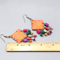 Vintage Multicolor Statement Pierced Earrings Wood Bead Hand Painted 2.5 in