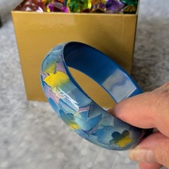 Blue Bangle Bracelet w Yellow Lavender and Silver Vintage Plastic Jewelry