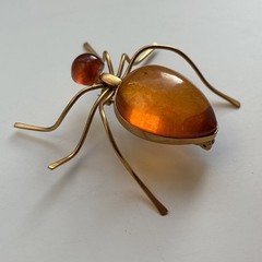 Vintage 70s Russian USSR Baltic Amber Ant Insect Bug Spider Gold Plate