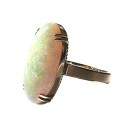 Crystal Opal Oval Cabochon 5.45 Carats 21.4 mm x 11.4 mm 18k Yellow Gold Ring