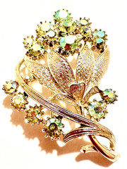 Signed Coro Green AB Rhinestone Floral Brooch 2 1/4″ Silver Tone Pin