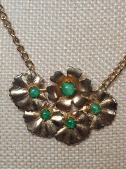 Vintage Gold Tone Floral Necklace Green Faux Jade MCM 1950s 1960s Jewelry Retro