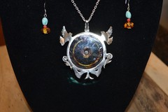 ONE OF A KIND, CUSTOM MADE .925 STERLING SILVER AND AMBER NECKLACE AND EARINGS.