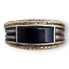 Vintage Signed Sterling Silver 925 and 14KT Gold Onyx Band Ring Size 10.75
