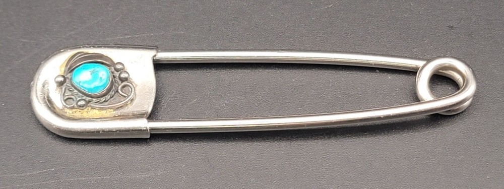 Vintage Scovill Silver Safety Pin With Turquoise Stone Accent – 4.25″ Long