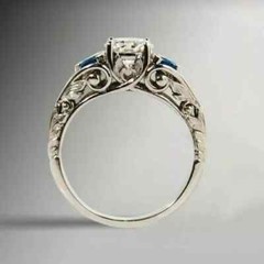 Antique Art Deco Lab Created Diamond & Sapphire 14K White Gold FN Wedding Ring